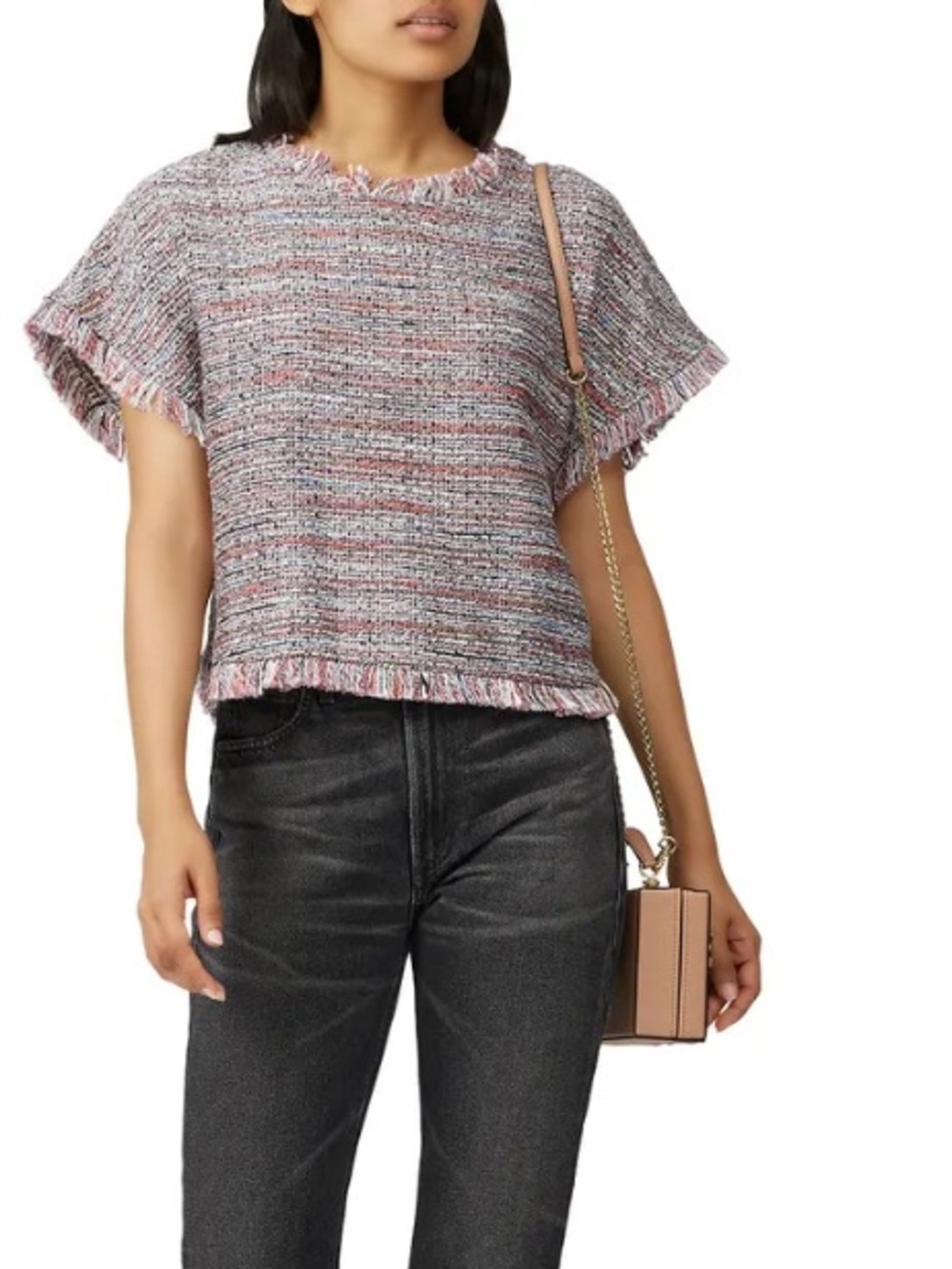 cupcakes & cashmere Talia Multicolor Fringe Tweed Boxy Top Sz Small